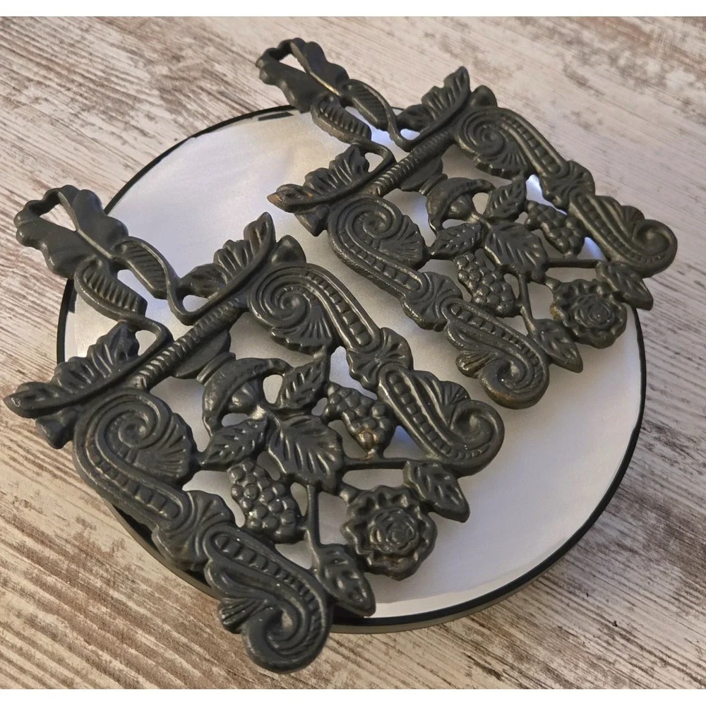 Set of 2 Vintage Cast Iron Trivets Floral Scrollwork Grape Rose Design 103 Black